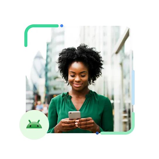 A photo of a woman holding a mobile phone, with an Android logo