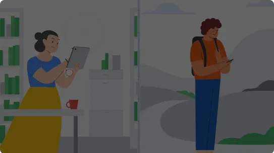 2 人の人が自分のデバイスに入力して Google 検索を使用しているイラスト