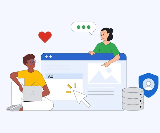 Illustration de deux personnes partageant en toute confiance des informations en ligne grâce à une technologie de protection de pointe