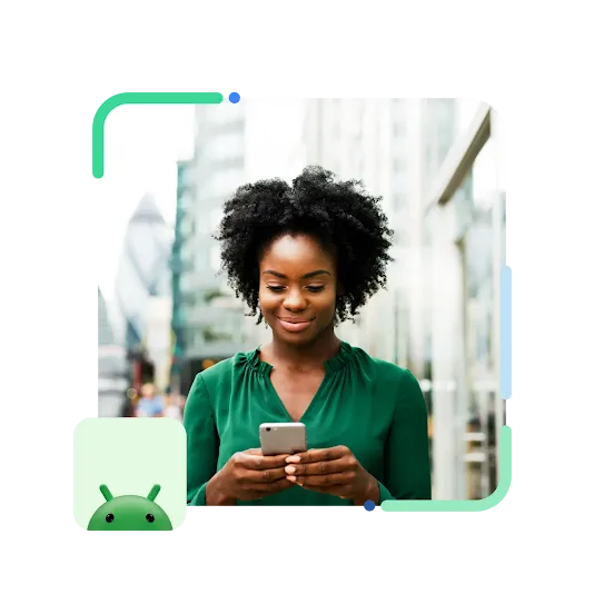 A photo of a woman holding a mobile phone, with an Android logo