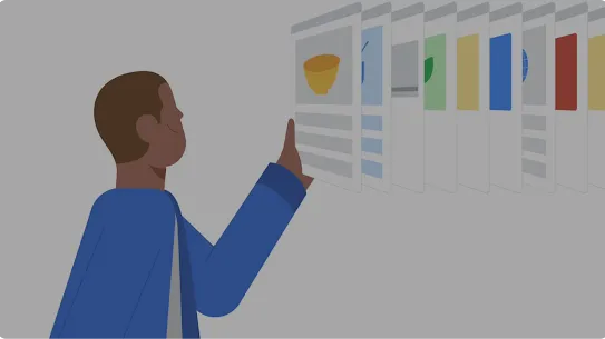 複数のウェブページを見ている男性のイラスト