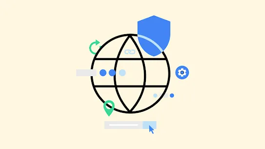 A globe that represents the open web surrounded by internet services icons.