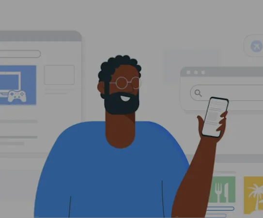 スマートフォンを使って Google 検索にアクセスしている人物