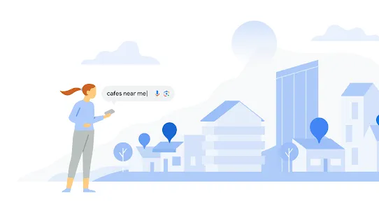 スマートフォンで Google 検索を使って「近くのカフェ」を調べている女性
