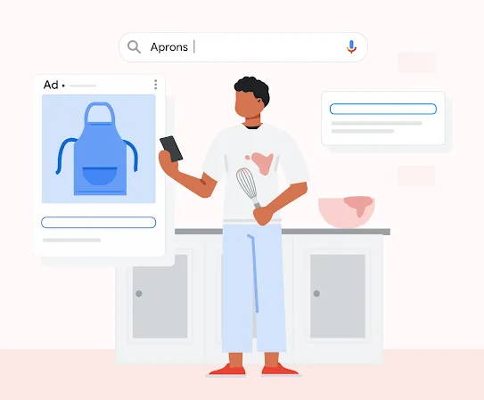Illustration d'un homme dans sa cuisine qui utilise la recherche Google sur son téléphone avec une annonce pour un tablier de cuisine.