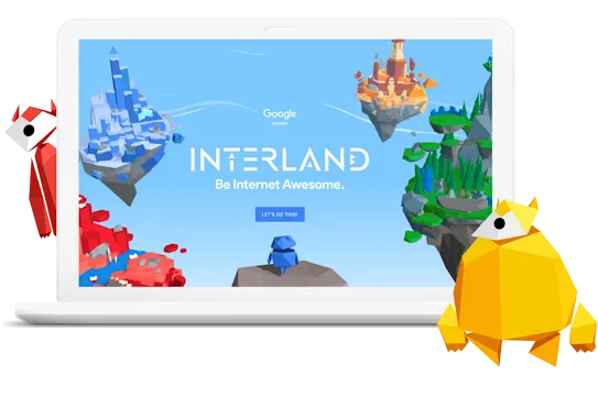 PC に Interland のホーム画面が表示され、ゲームに登場する生き物がこちらを見ている様子が描かれたイラスト
