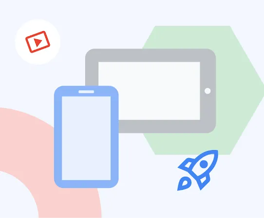 スマートフォンやタブレットとともに幾何学模様、メディア プレーヤー、おもちゃのロケットが描かれたイラスト