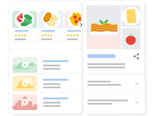 Illustration de résultats de recherche comparant différents aliments et recettes