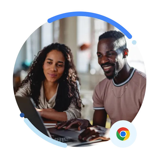 A photo of two professionals engaged in a discussion while working on a laptop, with a Chrome logo. 