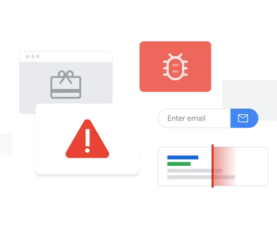 マルウェア、スパムページ、問題のあるコンテンツを表した検索ウィンドウのイラスト