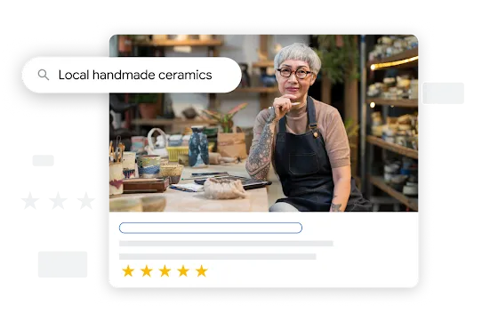 Google の検索クエリと 5 つ星レビューが重ねて表示されている小規模なビジネス オーナーの写真