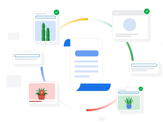 Illustration de résultats de recherche disposé en cercle autour d'une longue page représentant le règlement relatif au contenu de Google