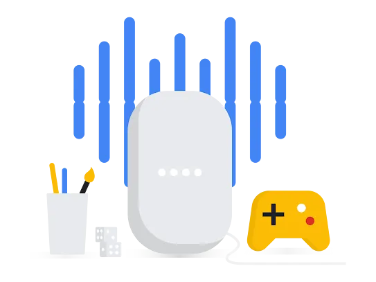 縦線の手前にペン立て、Google Nest、ゲーム コントローラが描かれたイラスト