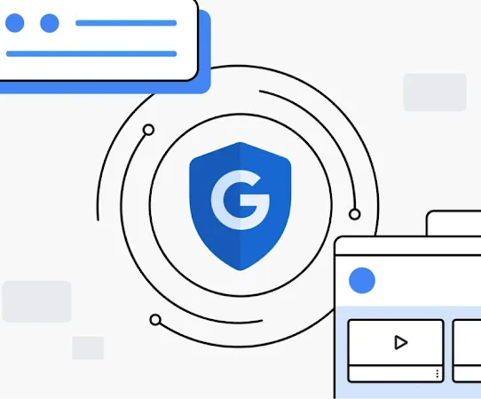 Google-Safety の盾の周りを回るボールと検証済みウェブサイトが描かれたイラスト