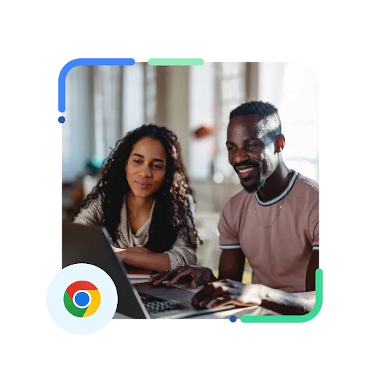 A photo of two professionals engaged in a discussion while working on a laptop, with a Chrome logo.